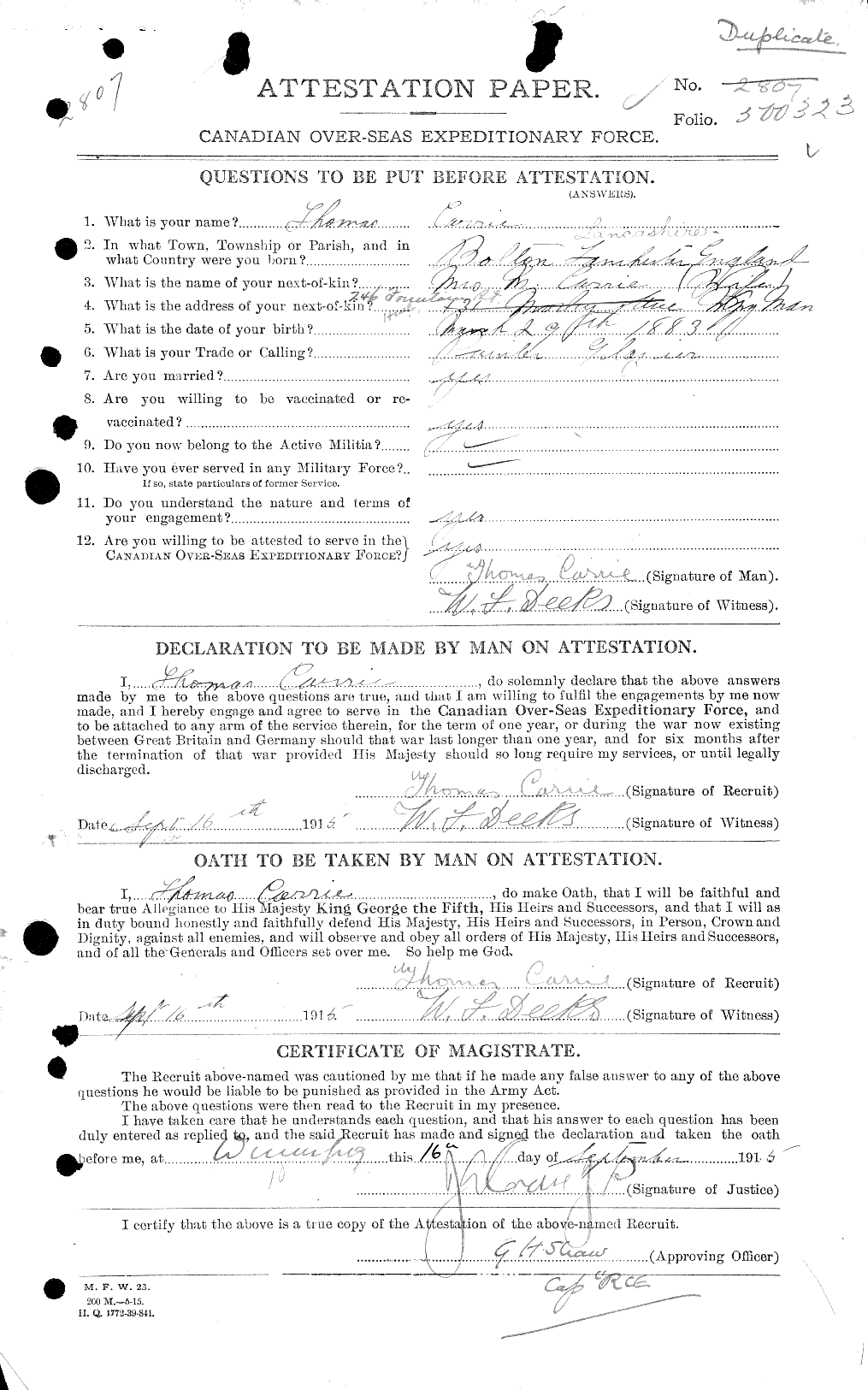 Dossiers du Personnel de la Première Guerre mondiale - CEC 011318a