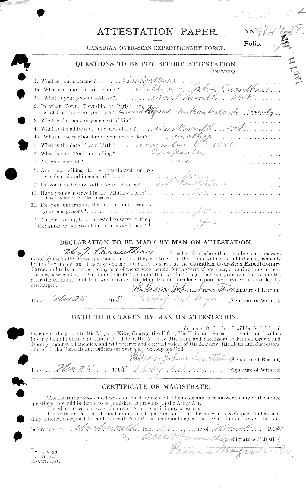 Dossiers du Personnel de la Première Guerre mondiale - CEC 011462a