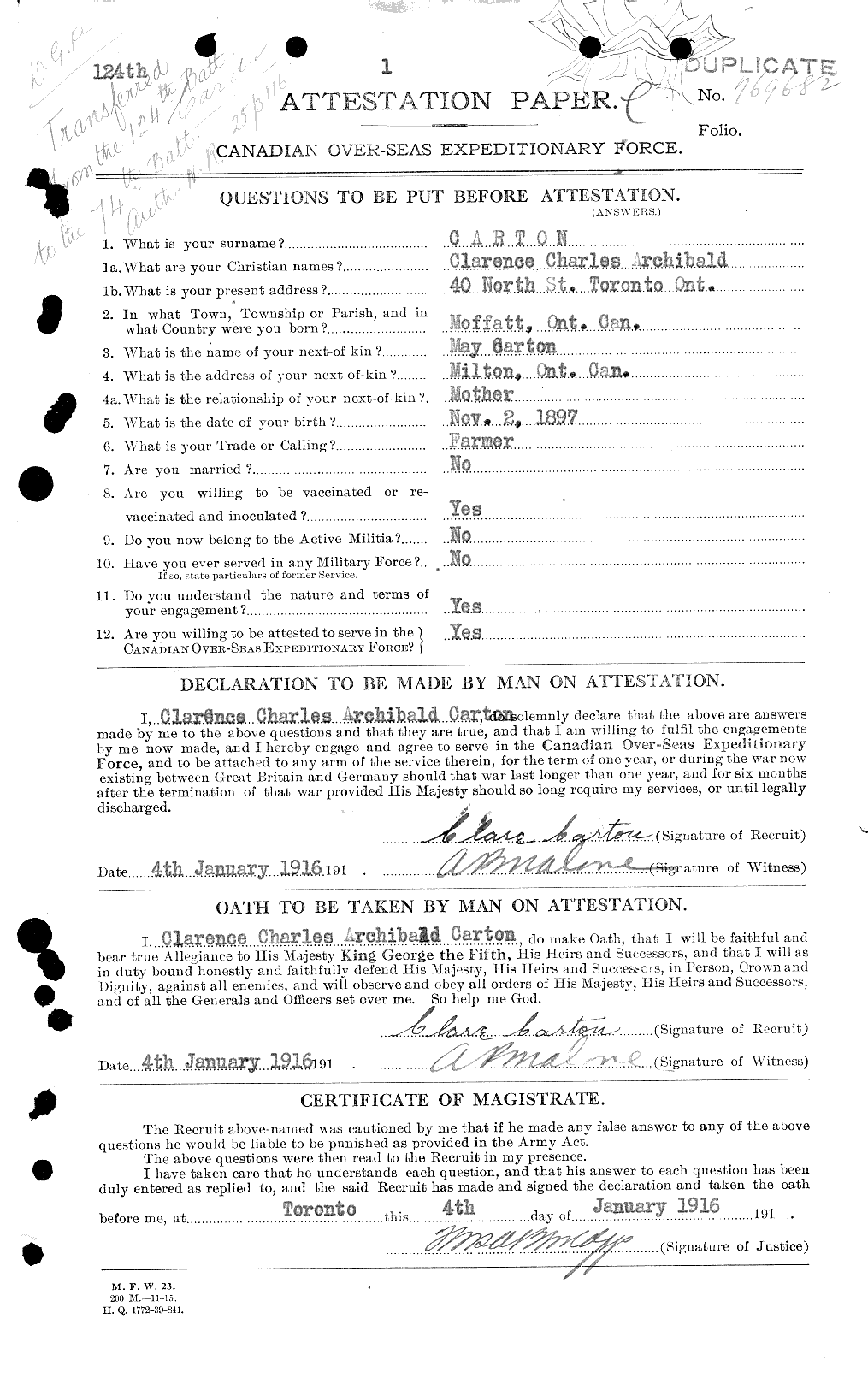 Dossiers du Personnel de la Première Guerre mondiale - CEC 012538a