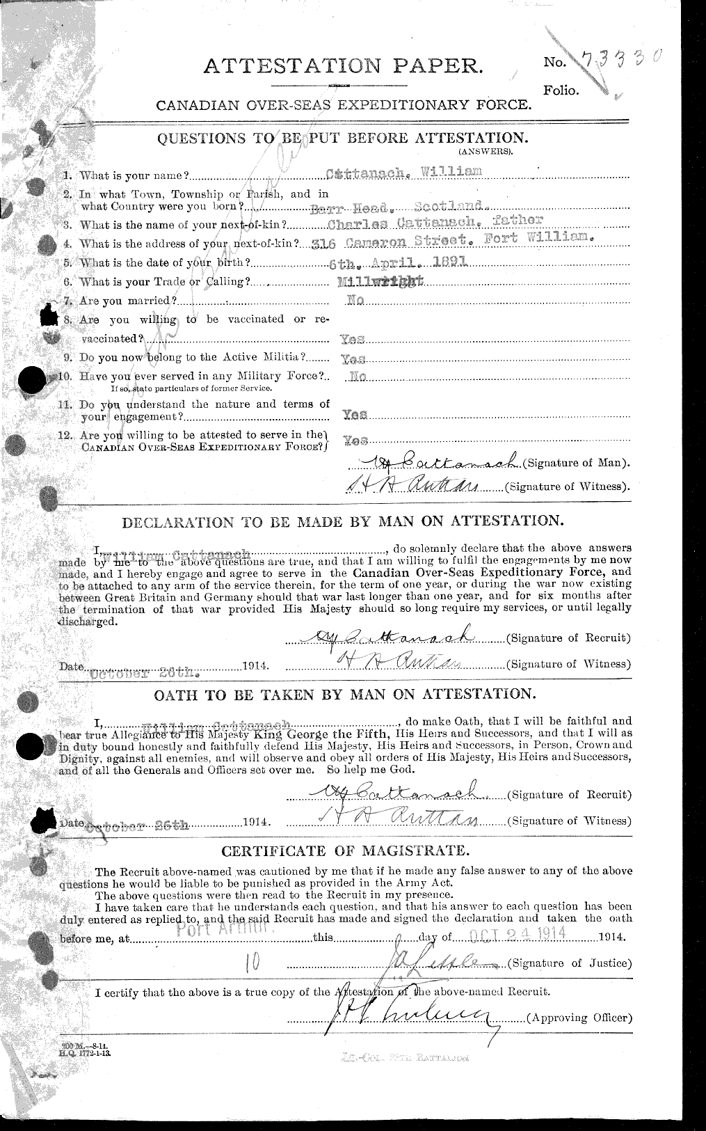 Dossiers du Personnel de la Première Guerre mondiale - CEC 013314a