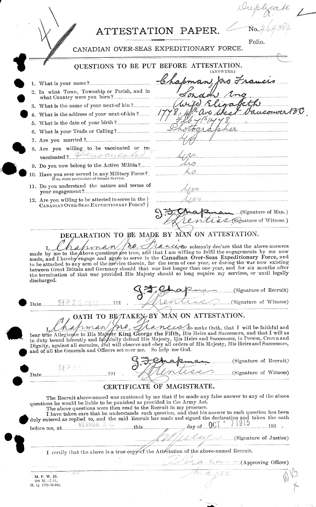 Dossiers du Personnel de la Première Guerre mondiale - CEC 014110a