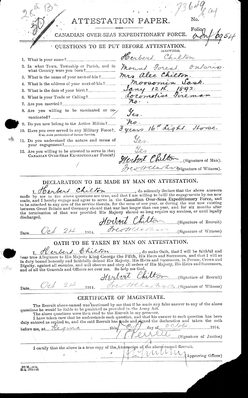 Dossiers du Personnel de la Première Guerre mondiale - CEC 014553a