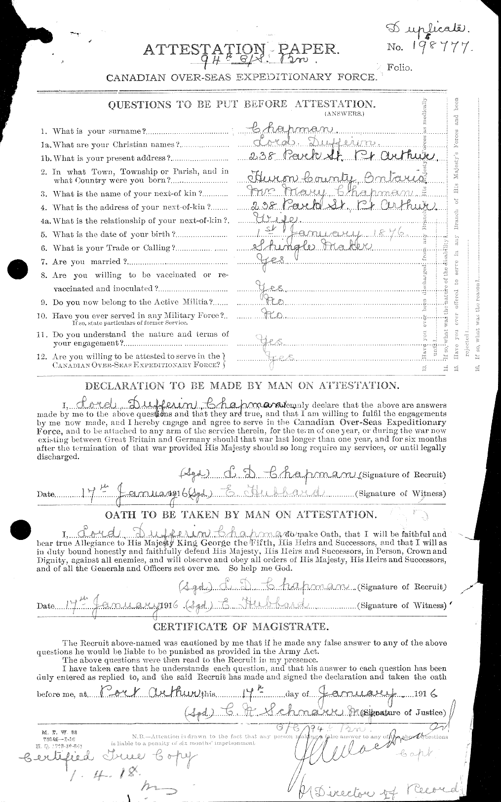 Dossiers du Personnel de la Première Guerre mondiale - CEC 014753a