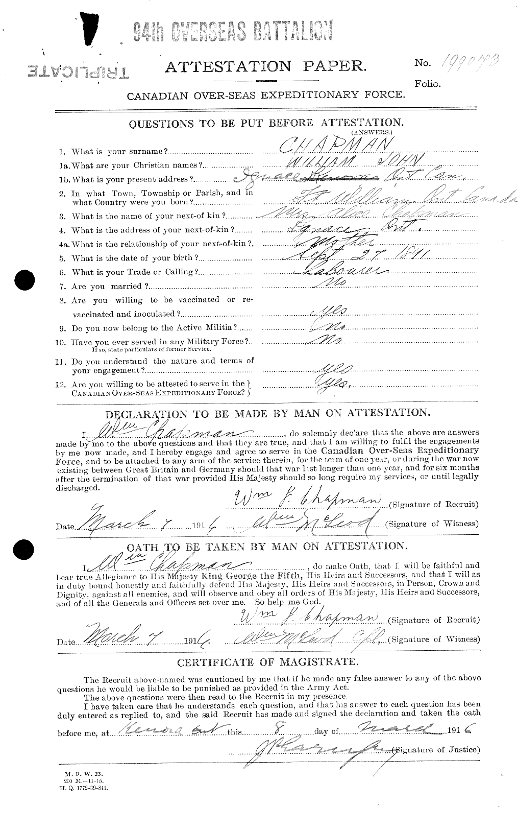 Dossiers du Personnel de la Première Guerre mondiale - CEC 014870a