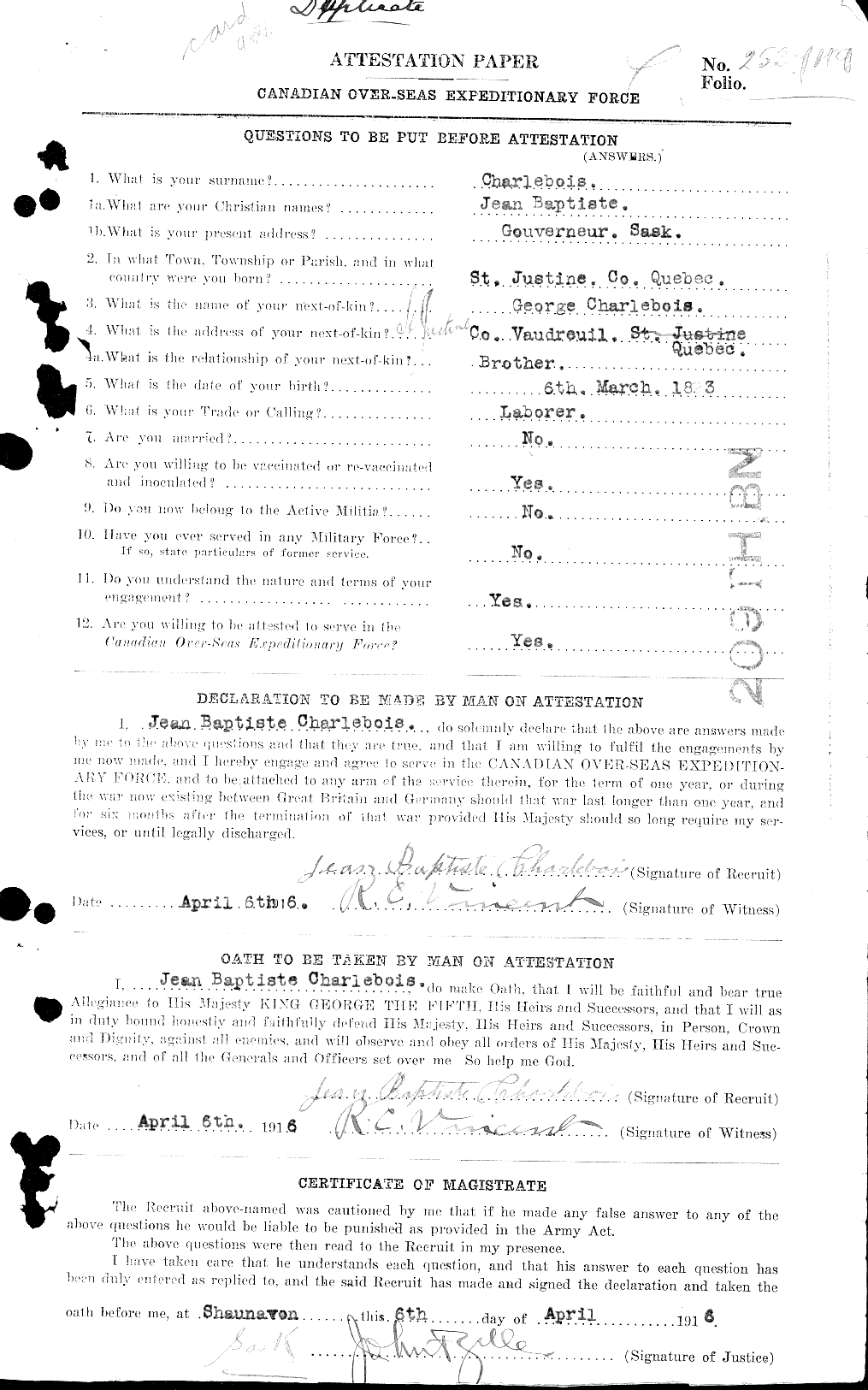 Dossiers du Personnel de la Première Guerre mondiale - CEC 015619a