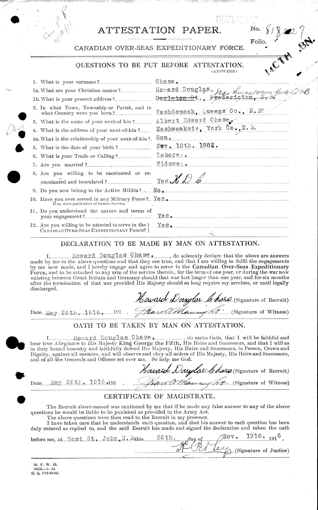 Dossiers du Personnel de la Première Guerre mondiale - CEC 016021a