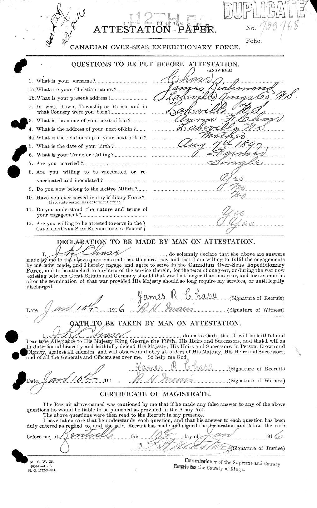 Dossiers du Personnel de la Première Guerre mondiale - CEC 016031a