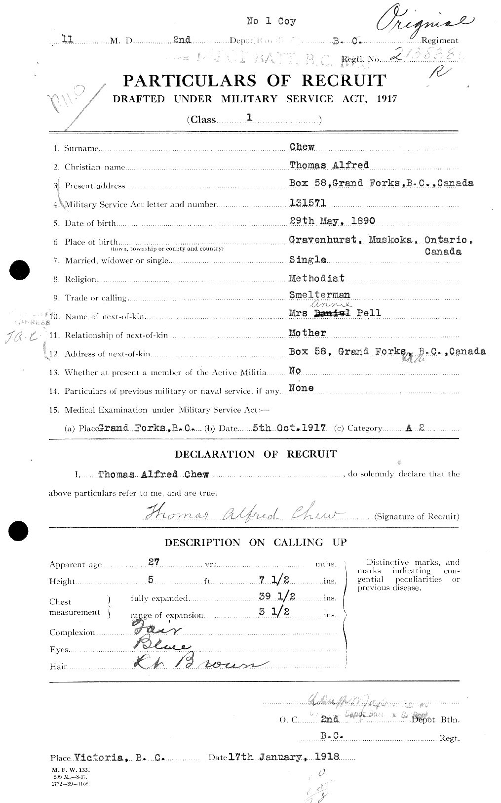Dossiers du Personnel de la Première Guerre mondiale - CEC 017911a