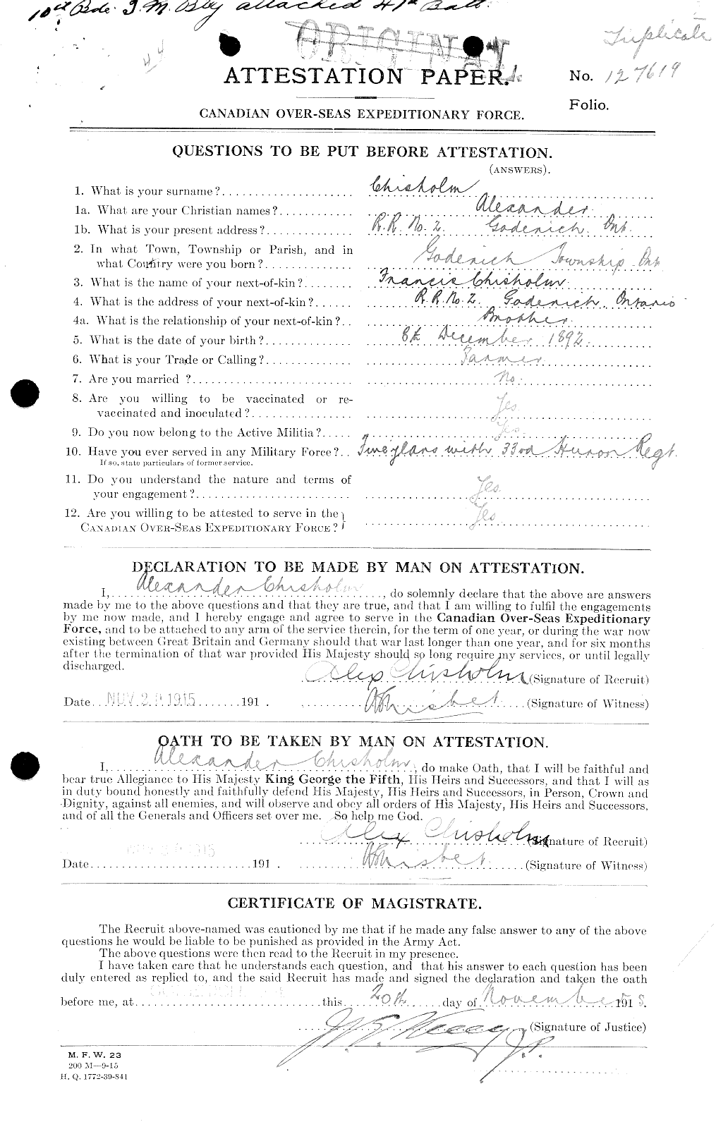 Dossiers du Personnel de la Première Guerre mondiale - CEC 018183a