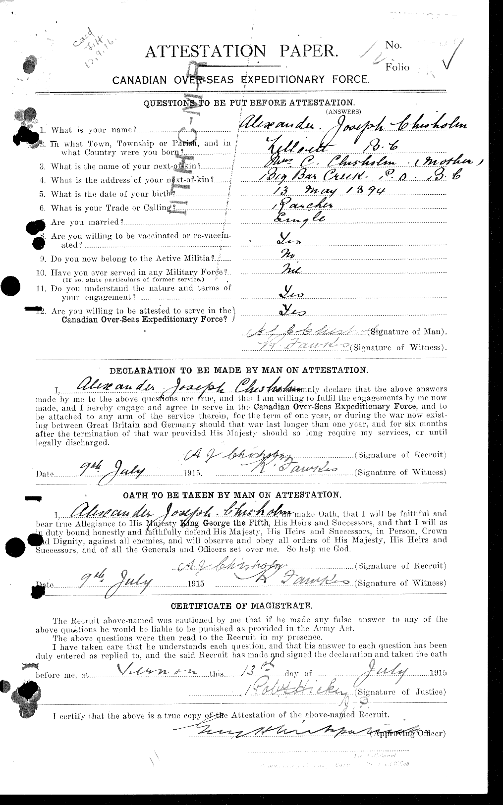Dossiers du Personnel de la Première Guerre mondiale - CEC 018201a