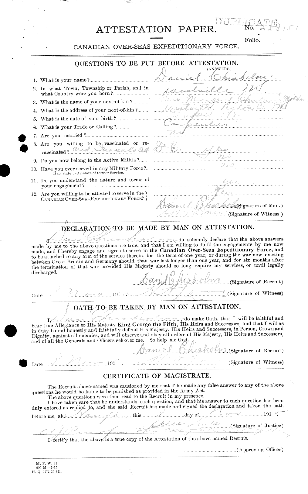 Dossiers du Personnel de la Première Guerre mondiale - CEC 018246a