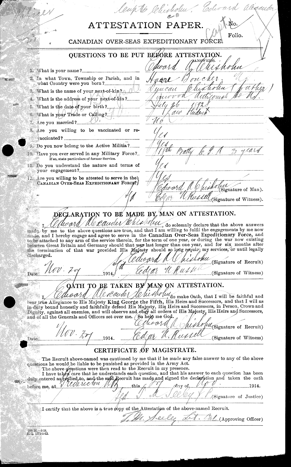 Dossiers du Personnel de la Première Guerre mondiale - CEC 018274a