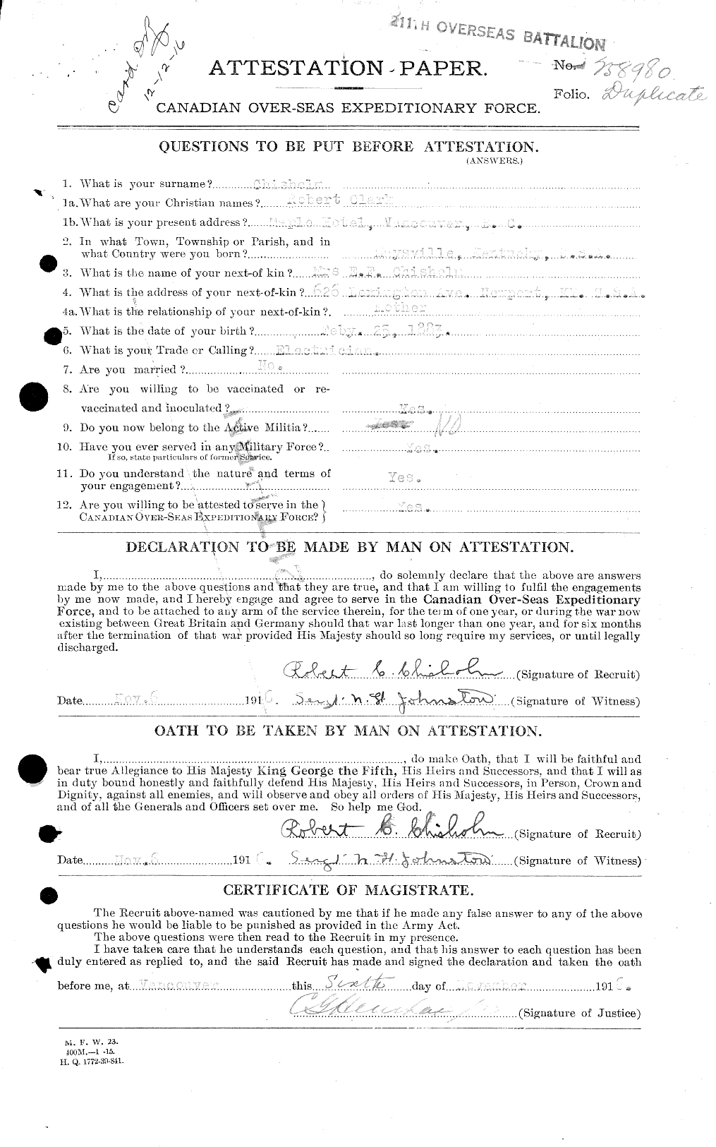 Dossiers du Personnel de la Première Guerre mondiale - CEC 018353a