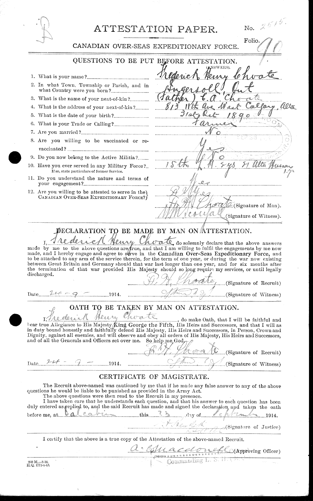 Dossiers du Personnel de la Première Guerre mondiale - CEC 018422a