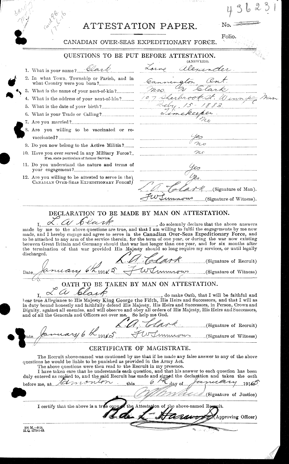 Dossiers du Personnel de la Première Guerre mondiale - CEC 018633a