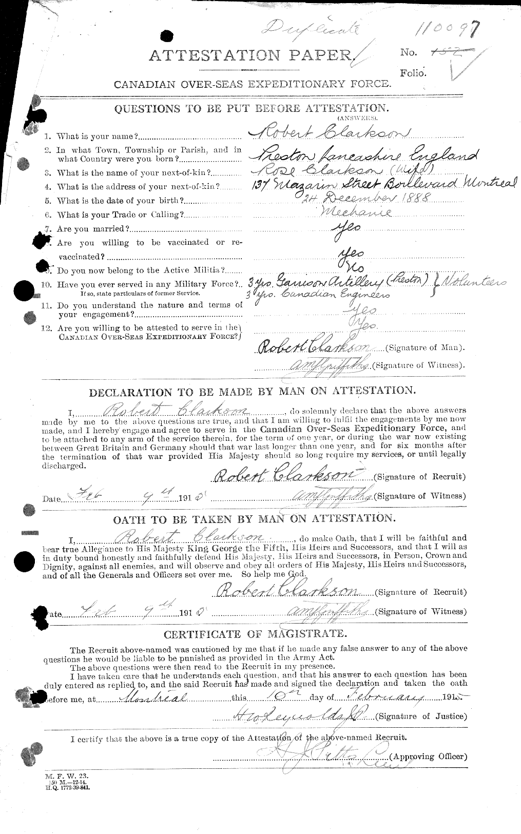 Dossiers du Personnel de la Première Guerre mondiale - CEC 019001a