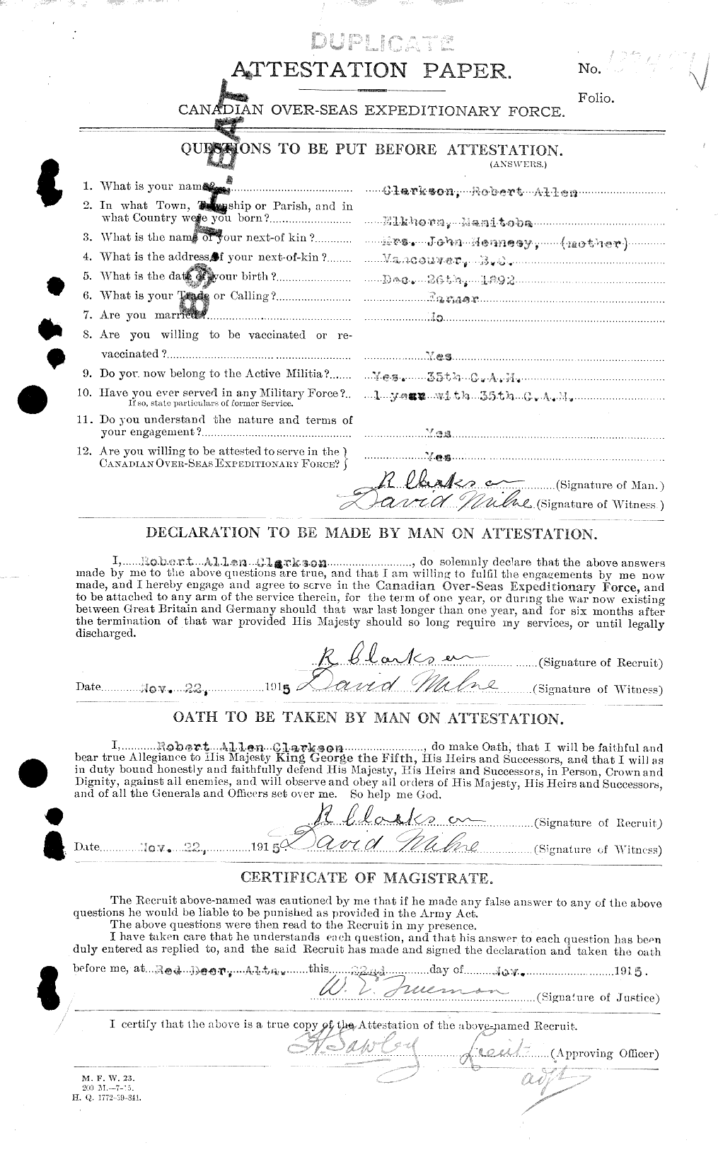 Dossiers du Personnel de la Première Guerre mondiale - CEC 019004a
