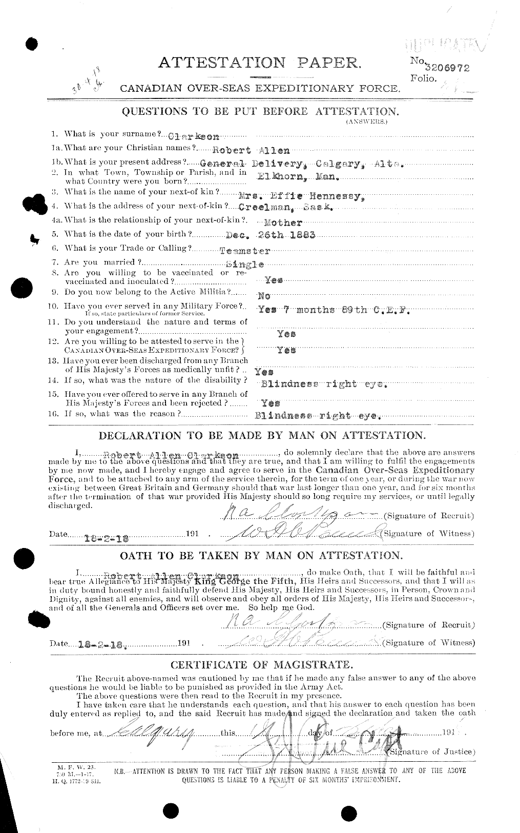 Dossiers du Personnel de la Première Guerre mondiale - CEC 019004c