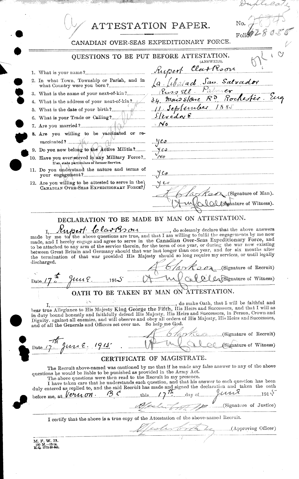 Dossiers du Personnel de la Première Guerre mondiale - CEC 019007a