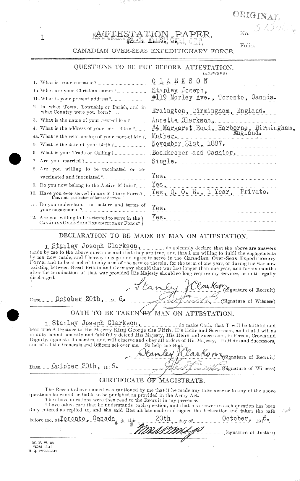 Dossiers du Personnel de la Première Guerre mondiale - CEC 019011a