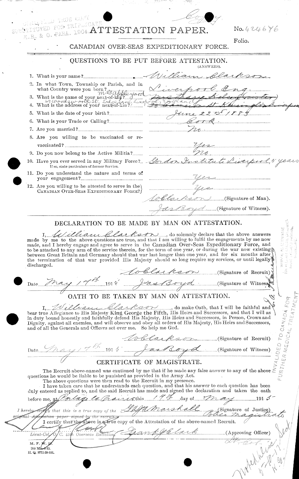 Dossiers du Personnel de la Première Guerre mondiale - CEC 019017a