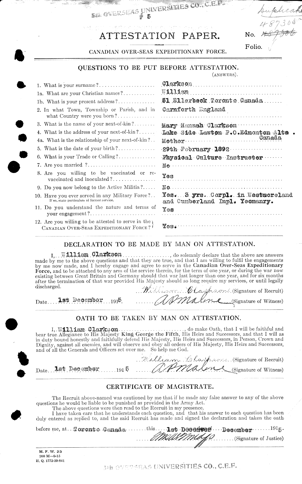 Dossiers du Personnel de la Première Guerre mondiale - CEC 019018a