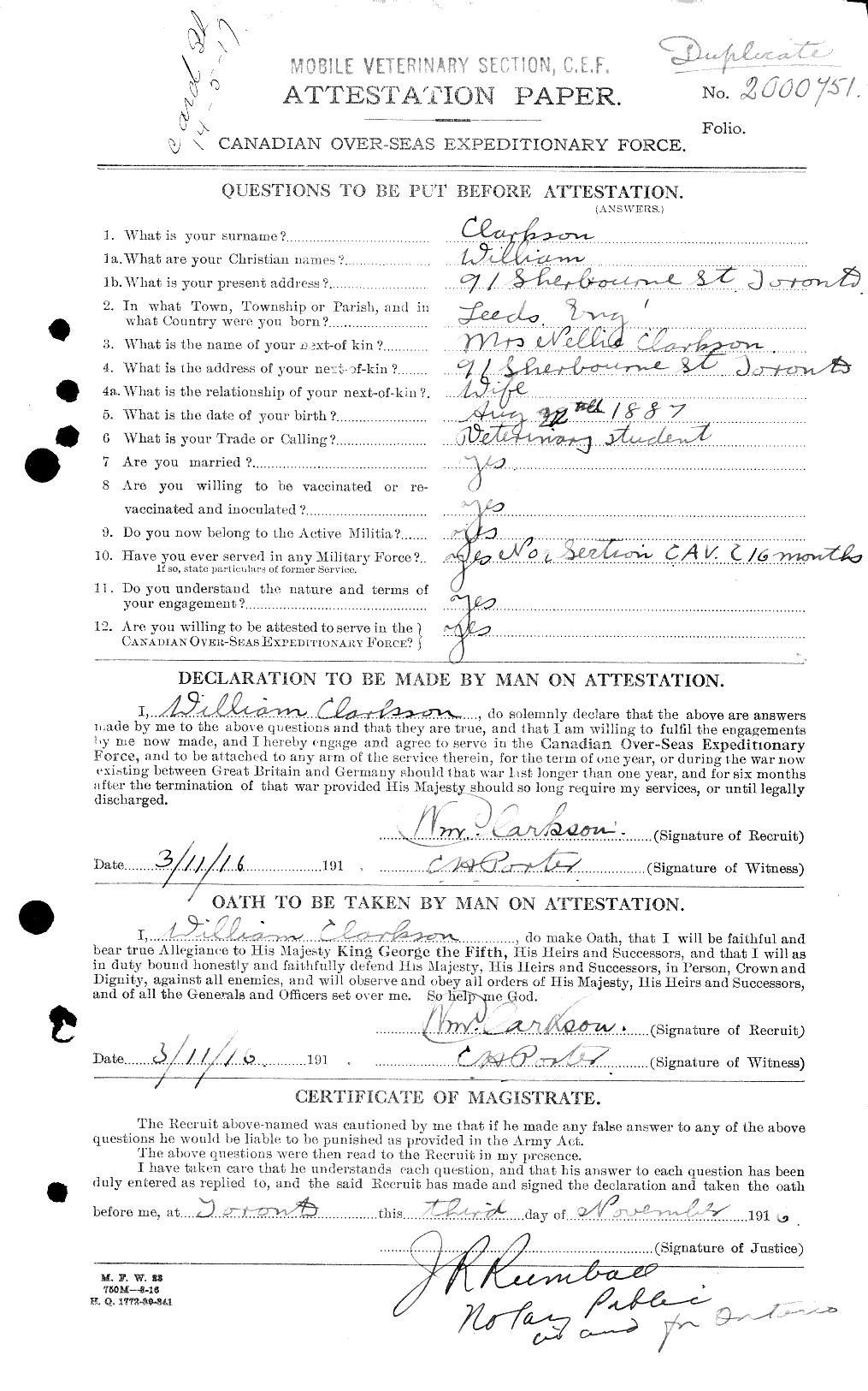 Dossiers du Personnel de la Première Guerre mondiale - CEC 019019a