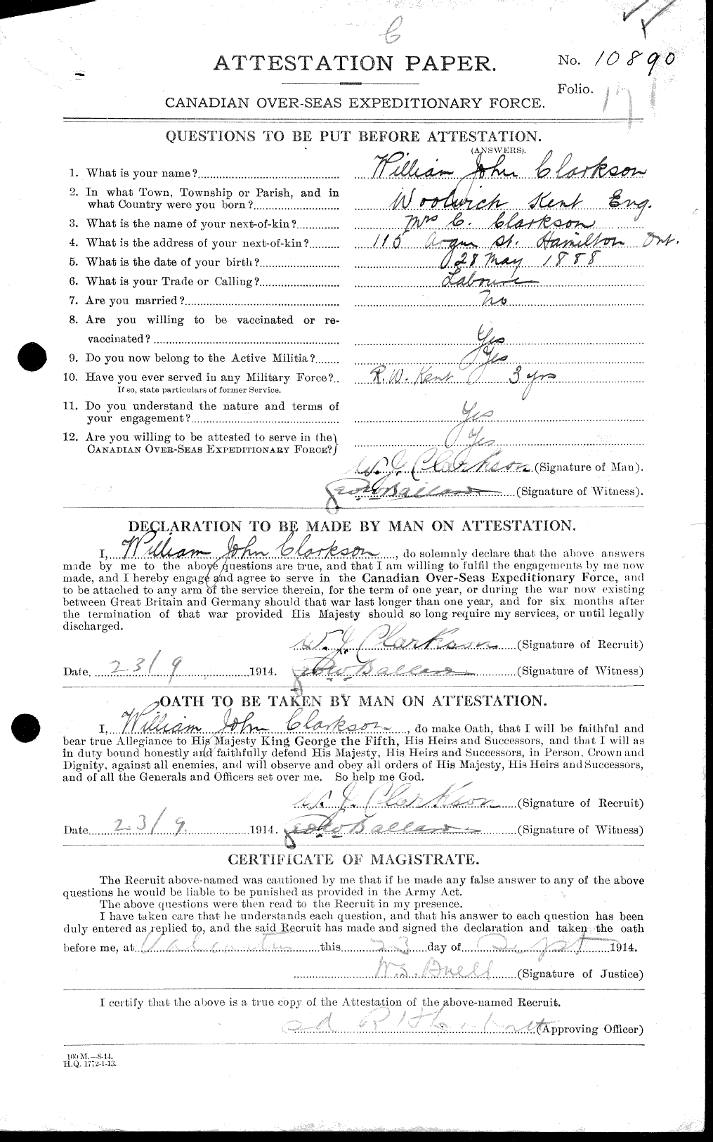 Dossiers du Personnel de la Première Guerre mondiale - CEC 019025a
