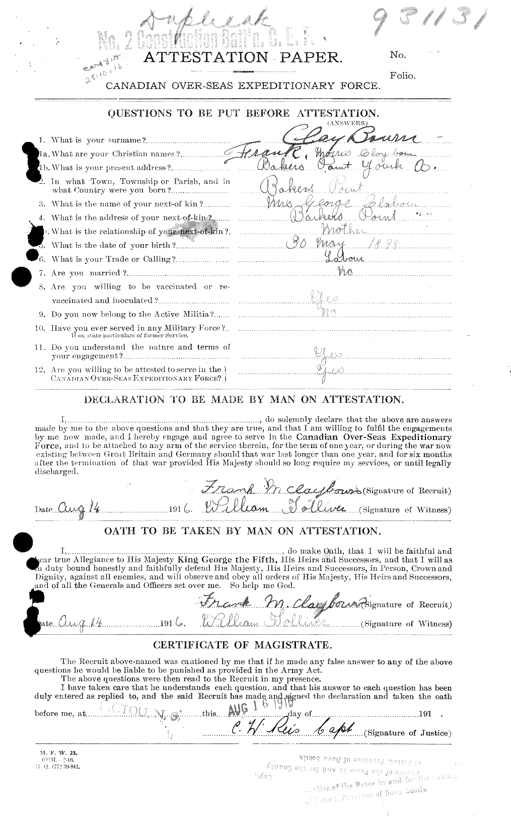 Dossiers du Personnel de la Première Guerre mondiale - CEC 019226a