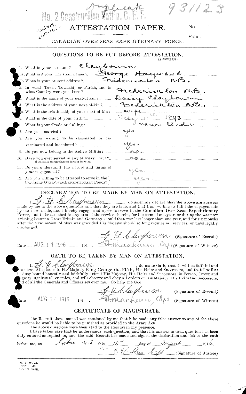 Dossiers du Personnel de la Première Guerre mondiale - CEC 019227a