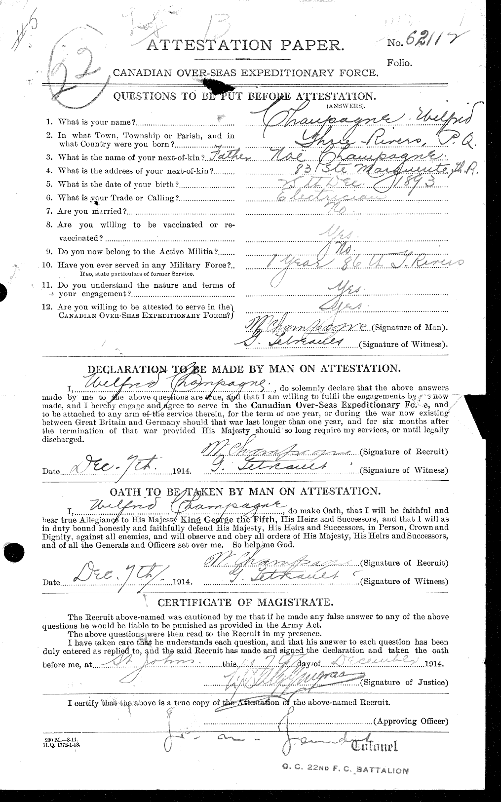 Dossiers du Personnel de la Première Guerre mondiale - CEC 019768a