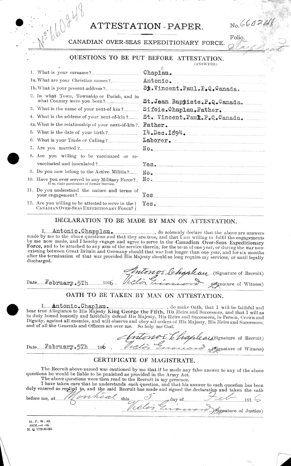 Dossiers du Personnel de la Première Guerre mondiale - CEC 019865c