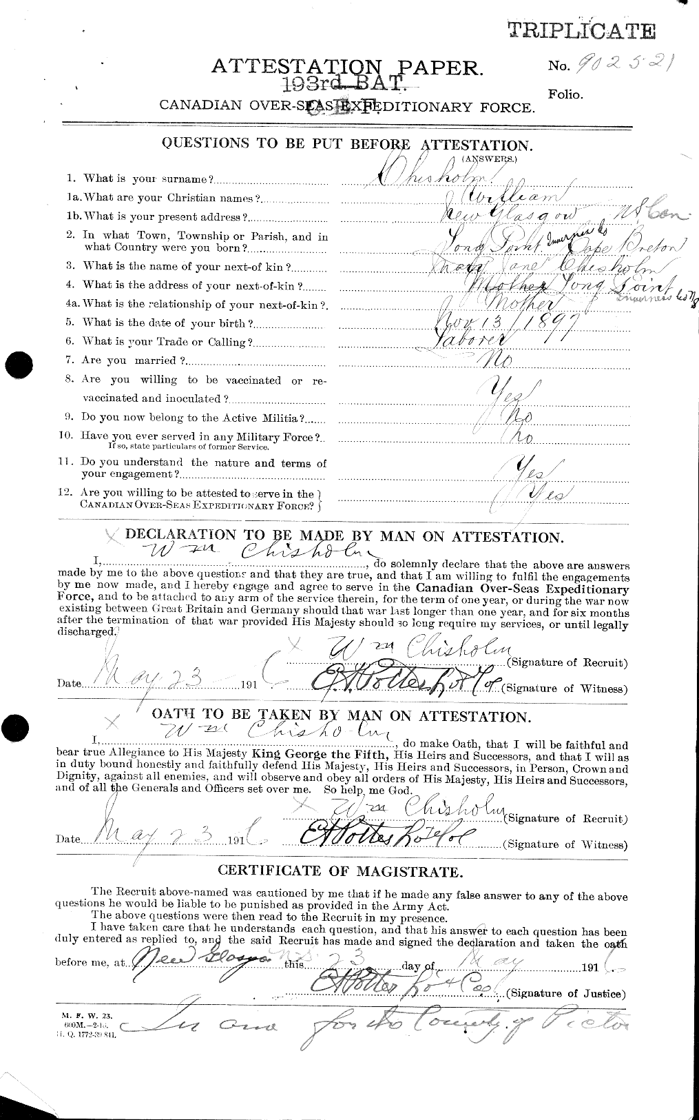 Dossiers du Personnel de la Première Guerre mondiale - CEC 020355a