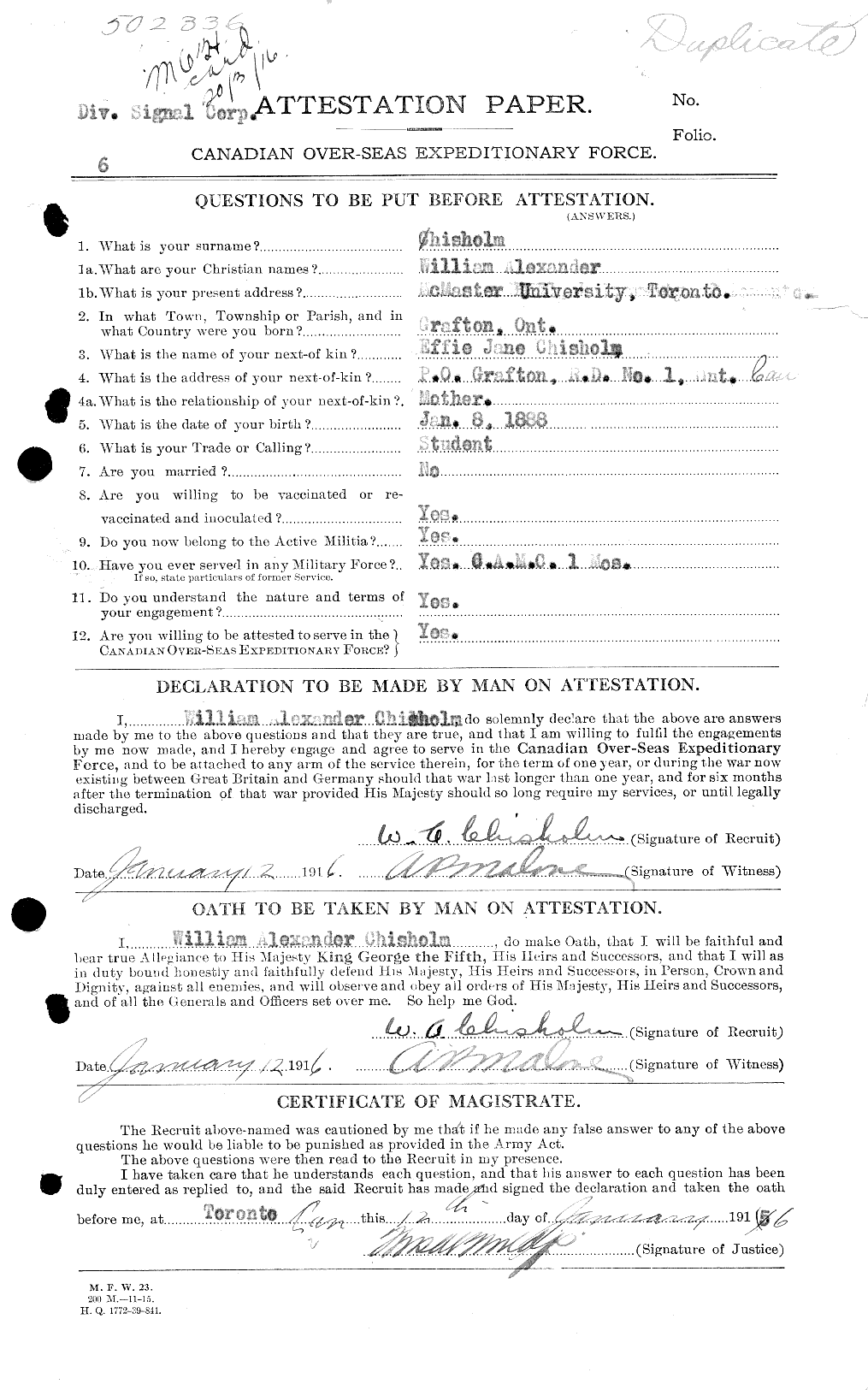 Dossiers du Personnel de la Première Guerre mondiale - CEC 020359a