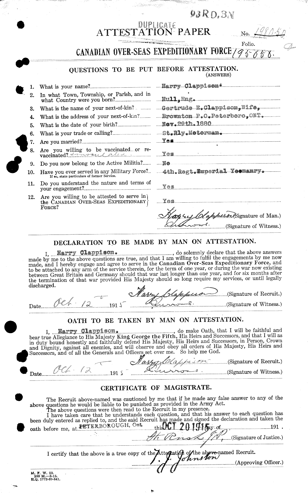 Dossiers du Personnel de la Première Guerre mondiale - CEC 020624a