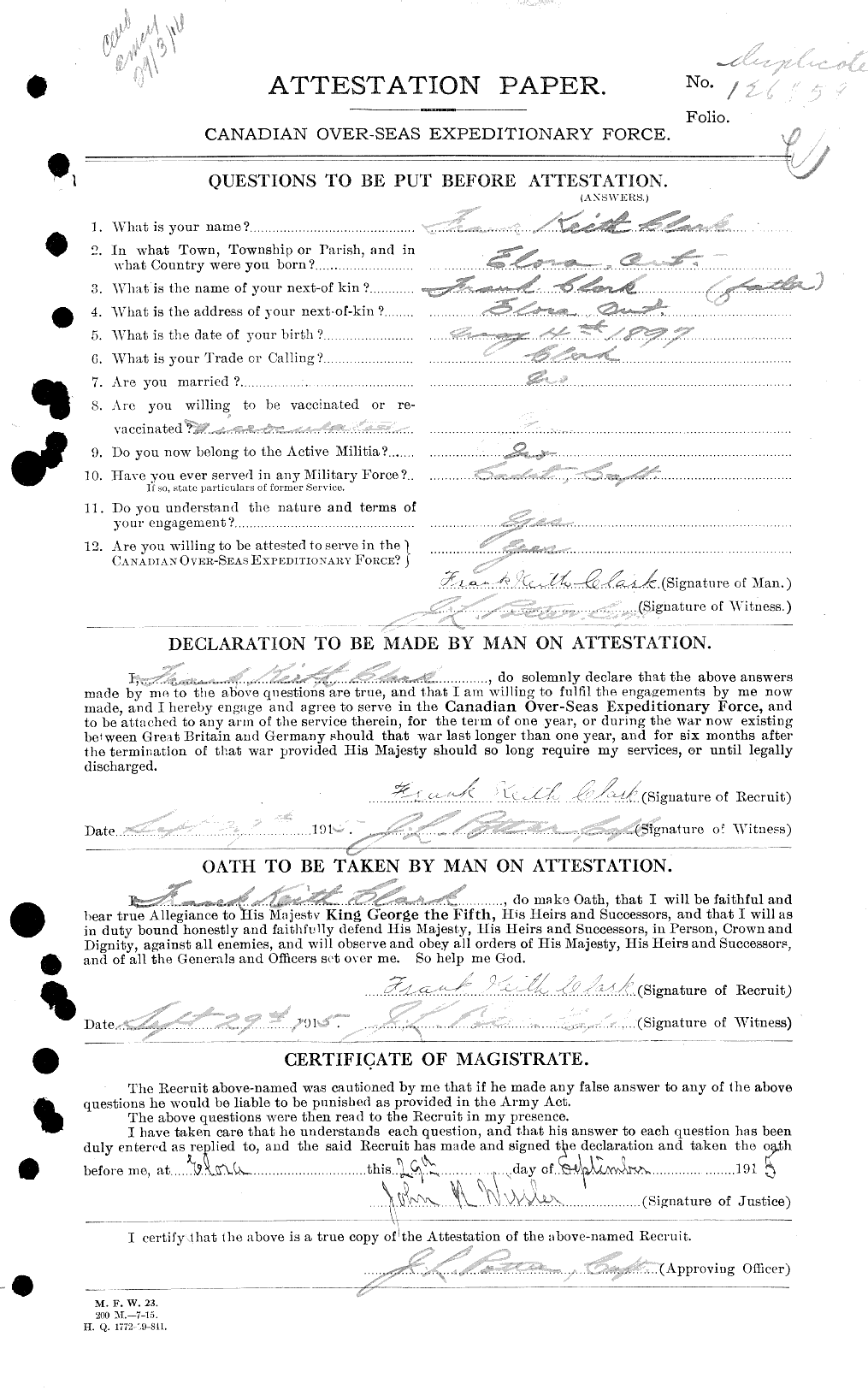 Dossiers du Personnel de la Première Guerre mondiale - CEC 020910a