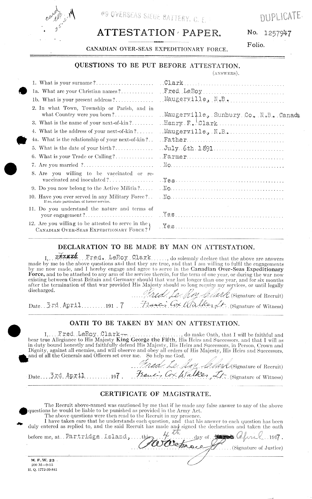 Dossiers du Personnel de la Première Guerre mondiale - CEC 020980a
