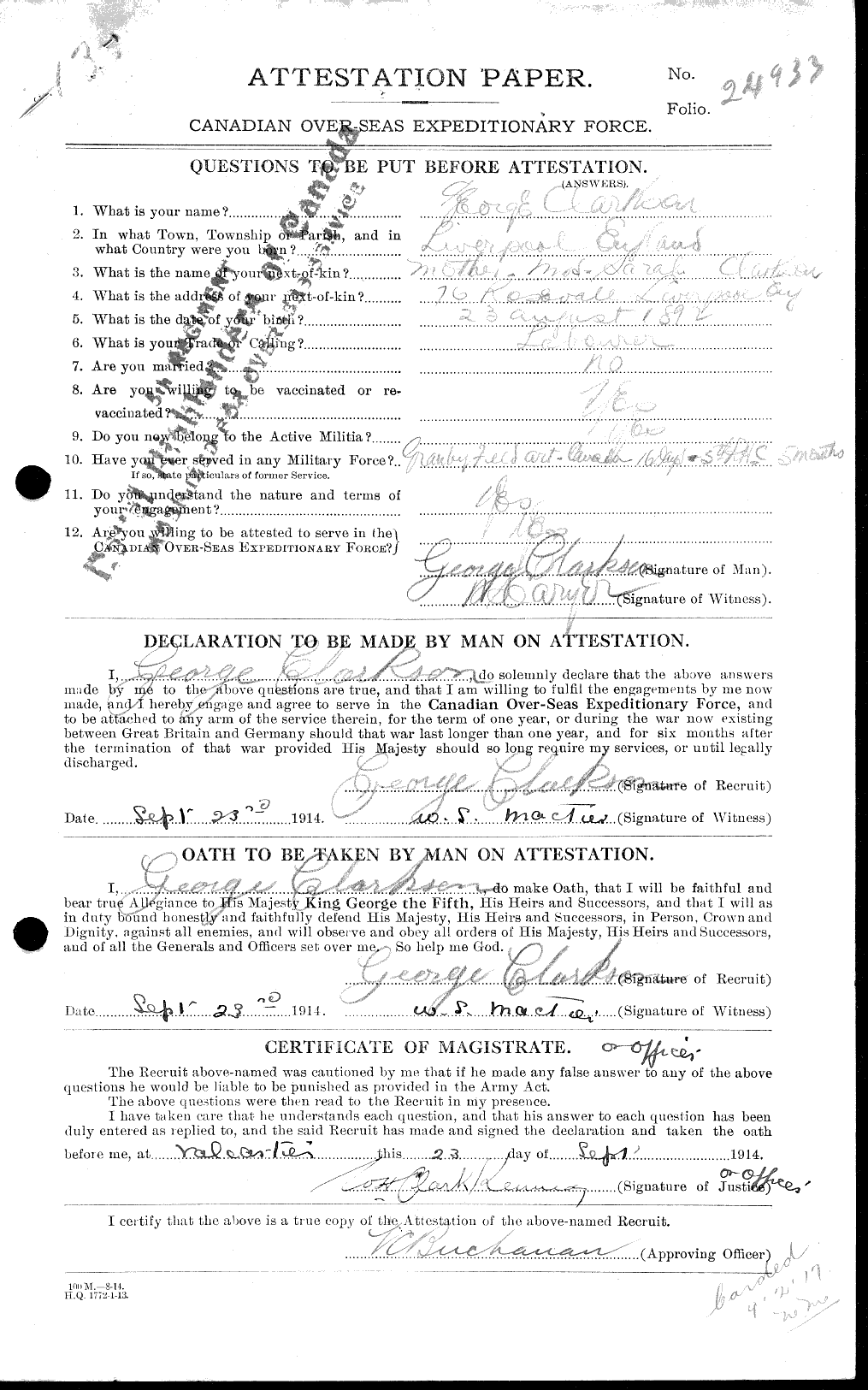 Dossiers du Personnel de la Première Guerre mondiale - CEC 021428a