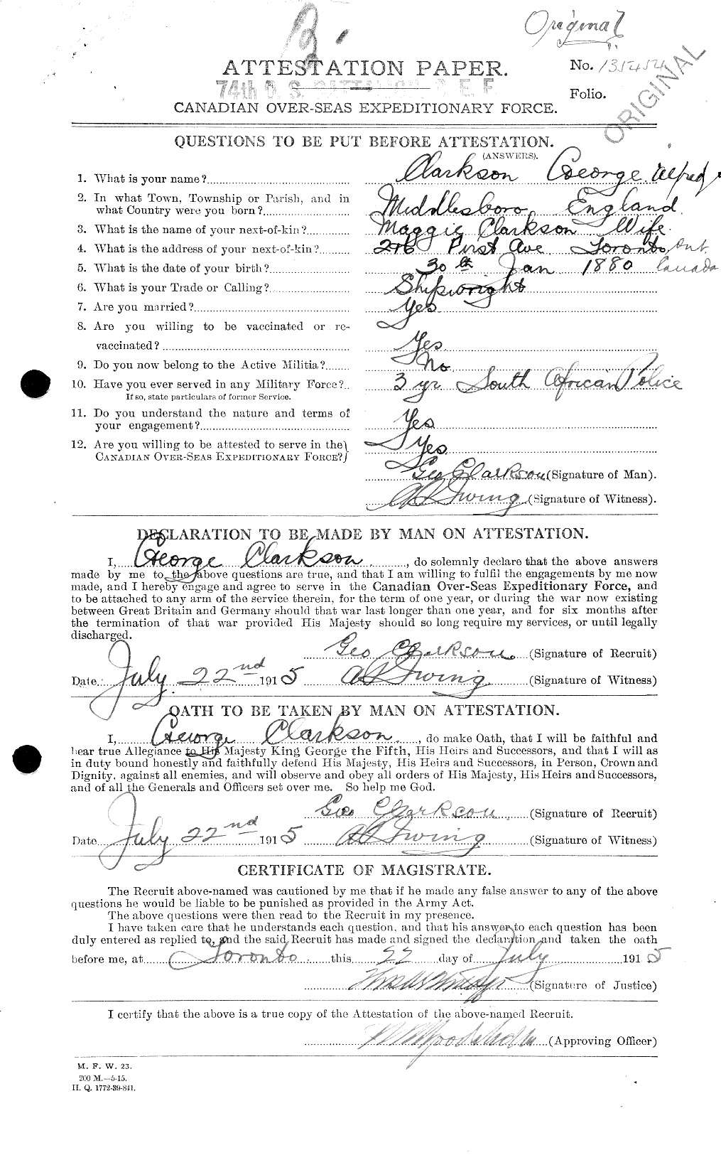 Dossiers du Personnel de la Première Guerre mondiale - CEC 021429a