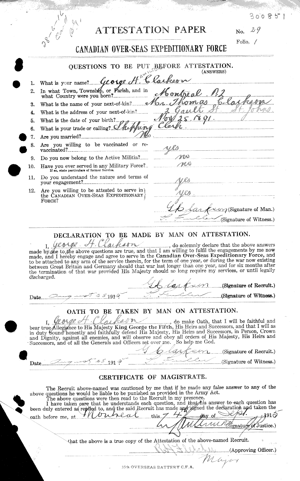 Dossiers du Personnel de la Première Guerre mondiale - CEC 021431a