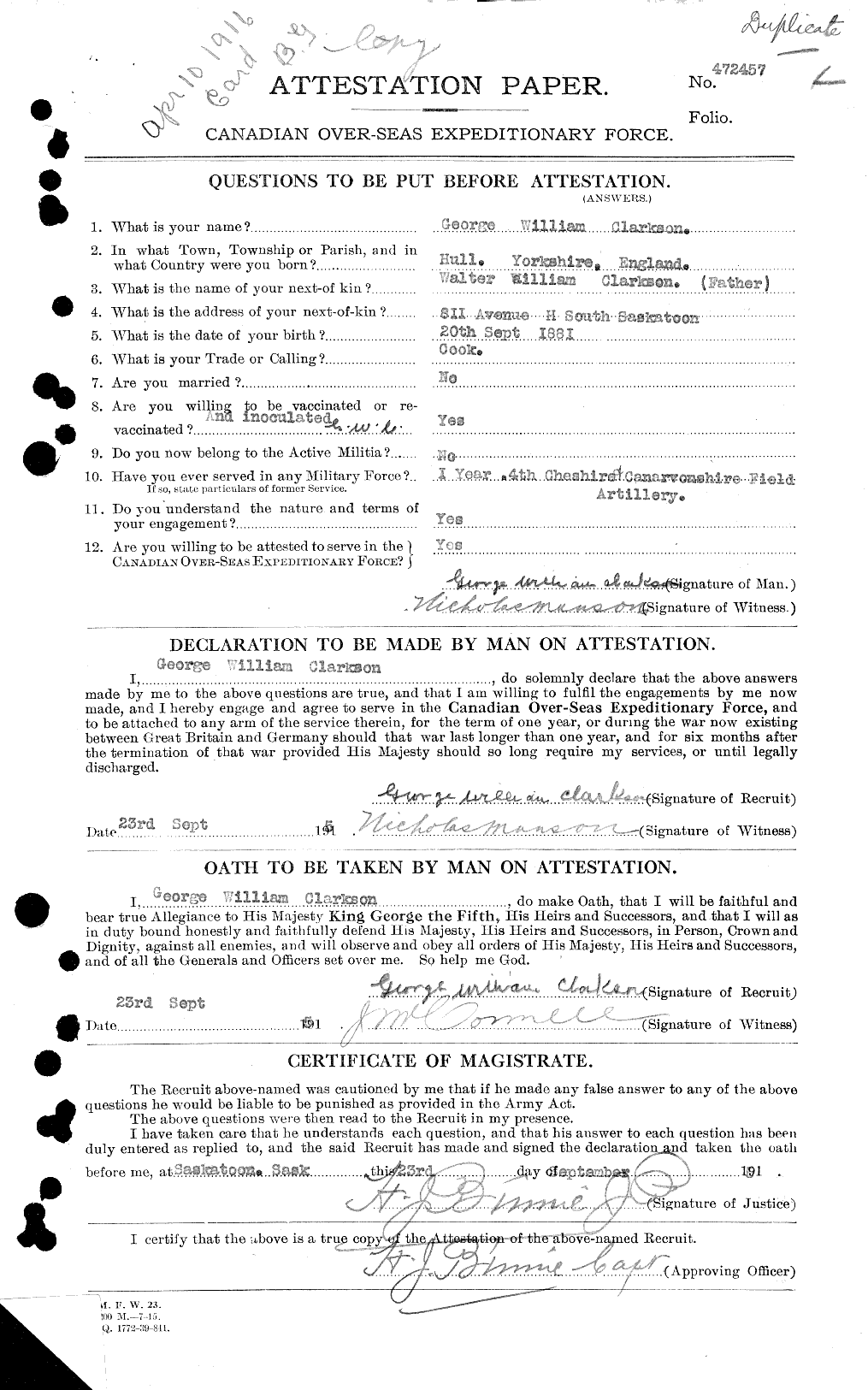 Dossiers du Personnel de la Première Guerre mondiale - CEC 021432a