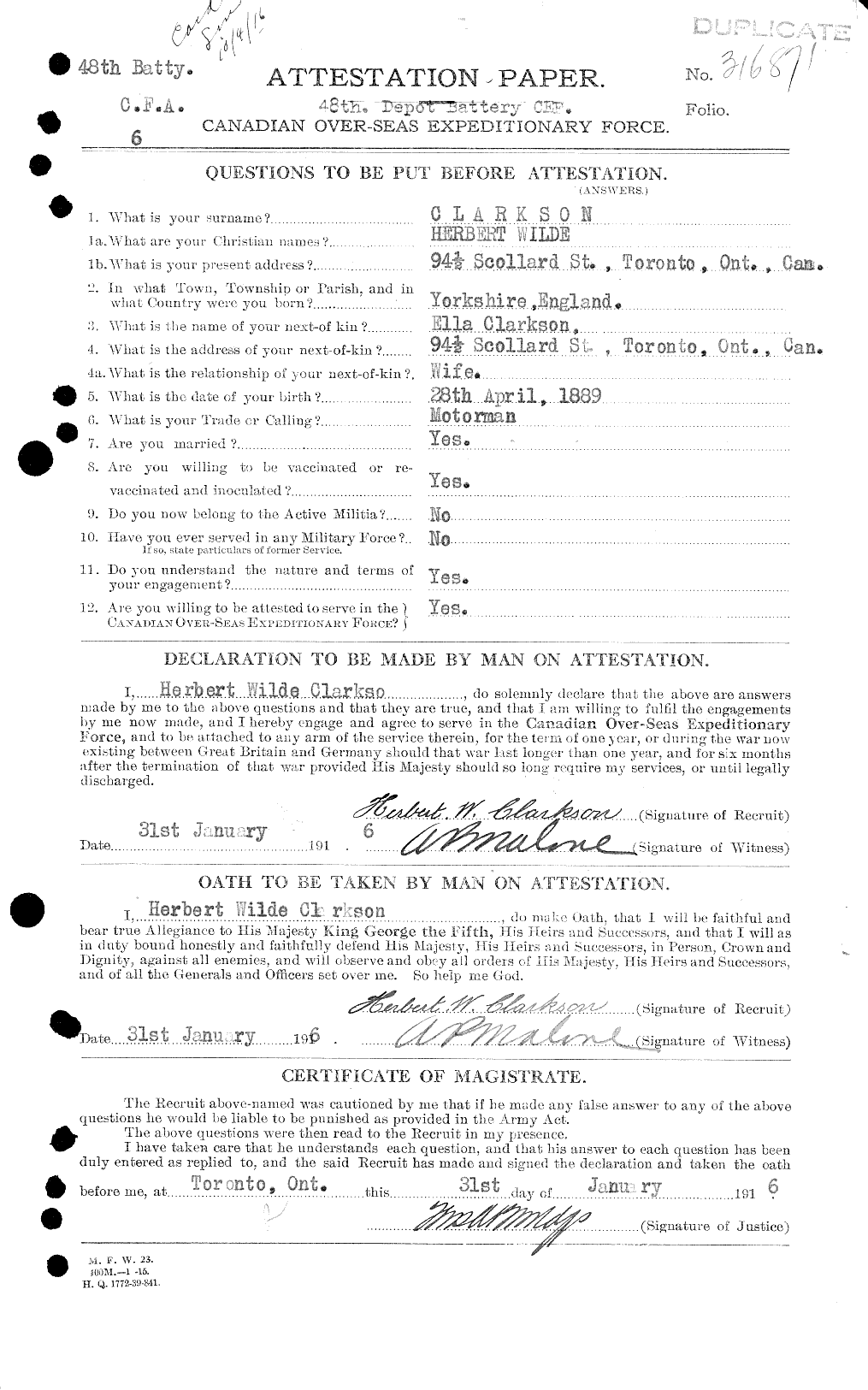Dossiers du Personnel de la Première Guerre mondiale - CEC 021440a