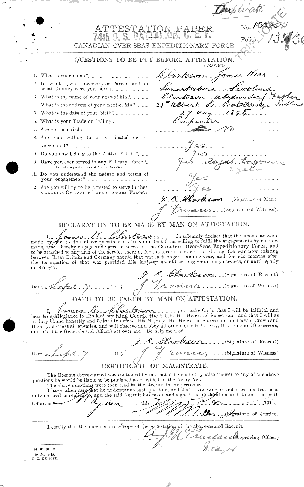 Dossiers du Personnel de la Première Guerre mondiale - CEC 021448a