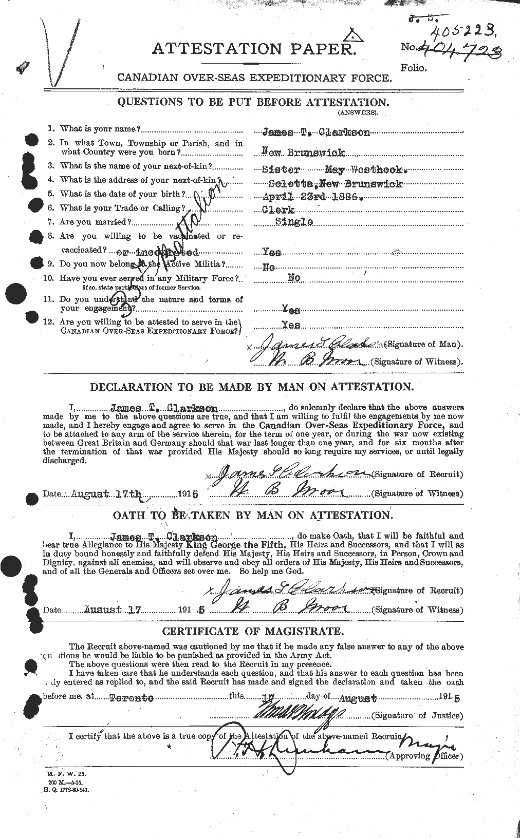 Dossiers du Personnel de la Première Guerre mondiale - CEC 021450a