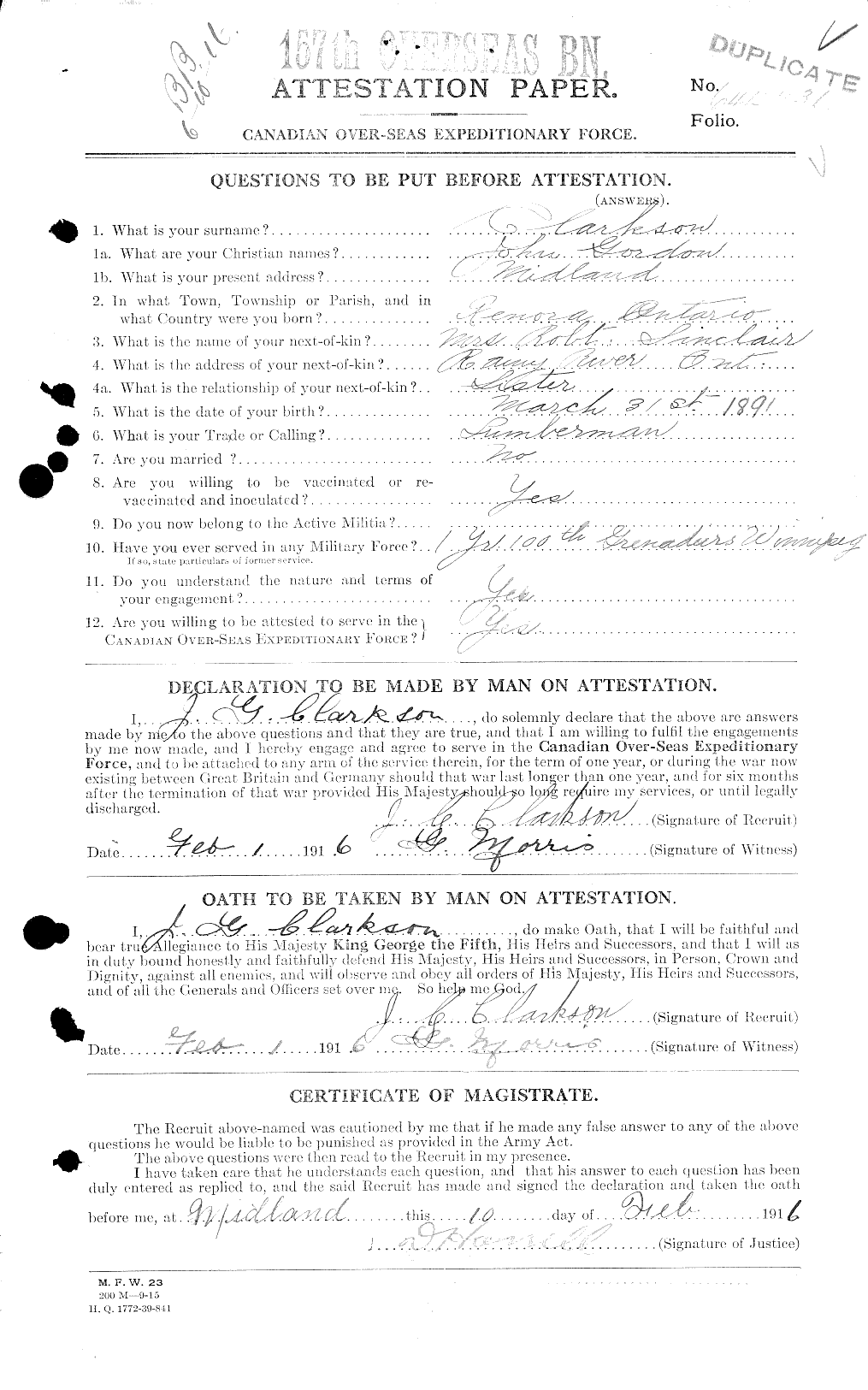 Dossiers du Personnel de la Première Guerre mondiale - CEC 021456a