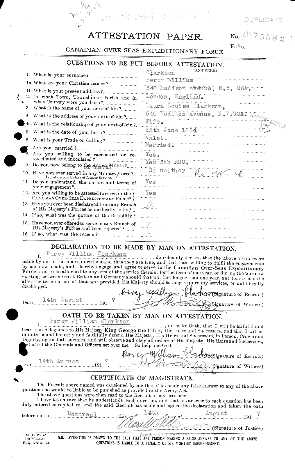 Dossiers du Personnel de la Première Guerre mondiale - CEC 021467a