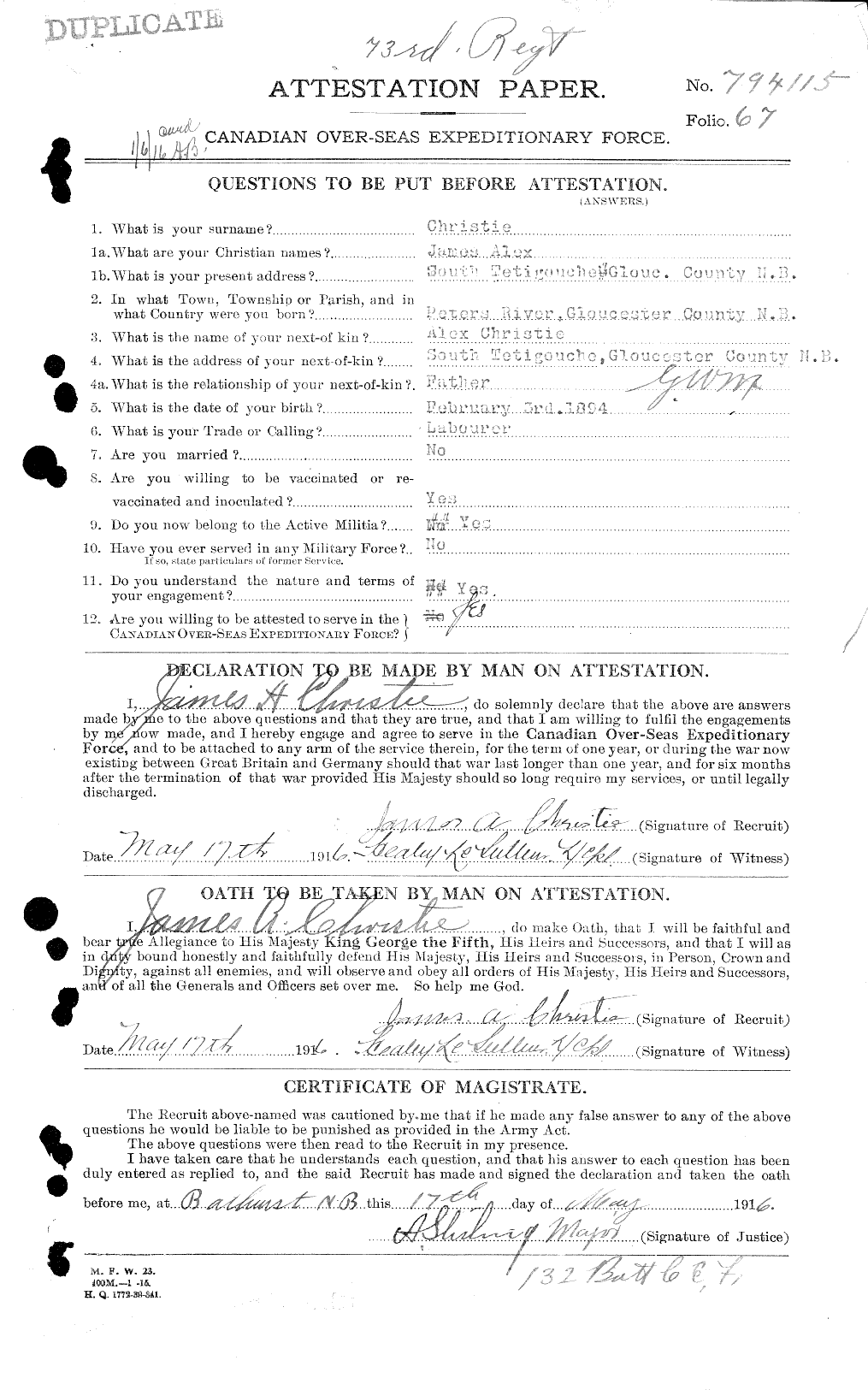 Dossiers du Personnel de la Première Guerre mondiale - CEC 021982a