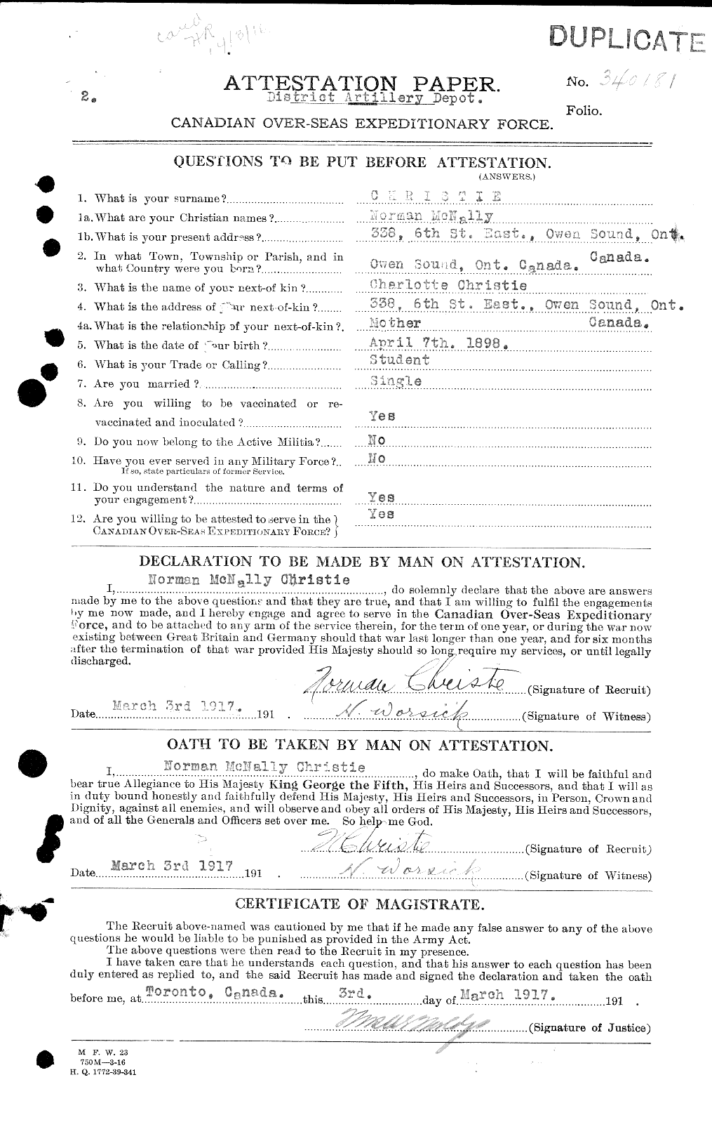 Personnel Records of the First World War - CEF 022039a