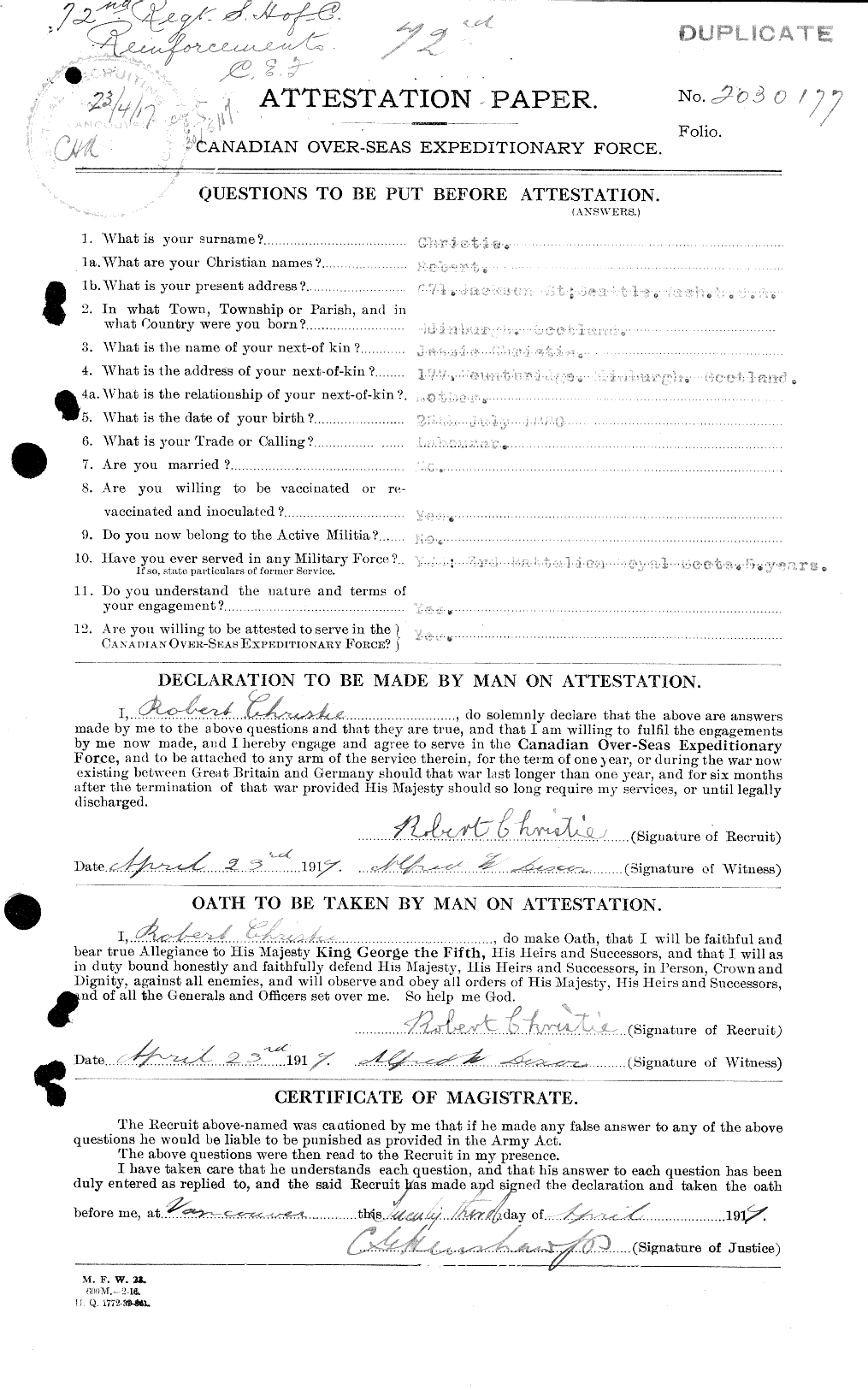 Personnel Records of the First World War - CEF 022053a