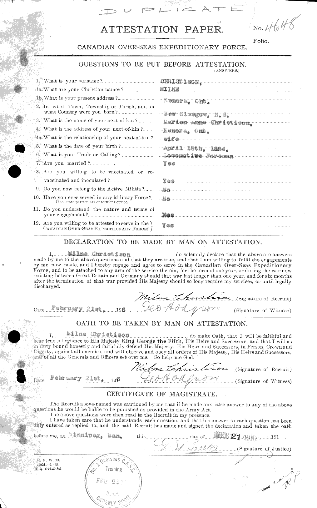Dossiers du Personnel de la Première Guerre mondiale - CEC 022125a